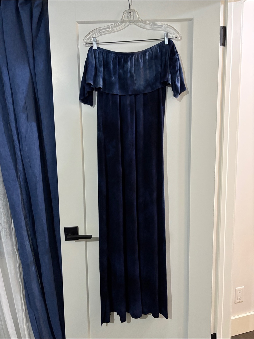 Strapless Navy Blue Maxi Dress with Ruffle Neckline